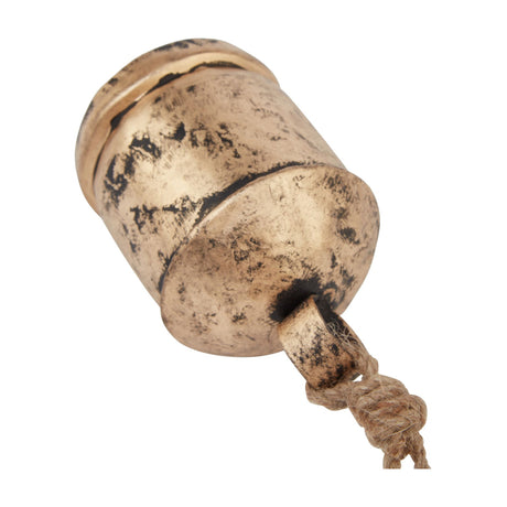 Hill Interiors Antique Gold Bell Bauble shown at an angled close-up, wooden bell-shaped decoration with aged gold finish and knotted jute hanging cord.
