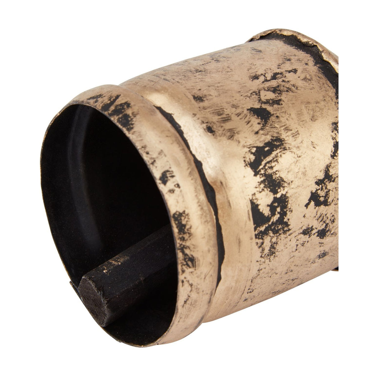 Hill Interiors Antique Gold Bell Bauble shown in close-up, revealing the hollow interior, wooden clapper, and distressed gold finish over black.