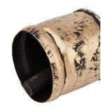 Hill Interiors Antique Gold Bell Bauble shown in close-up, revealing the hollow interior, wooden clapper, and distressed gold finish over black.