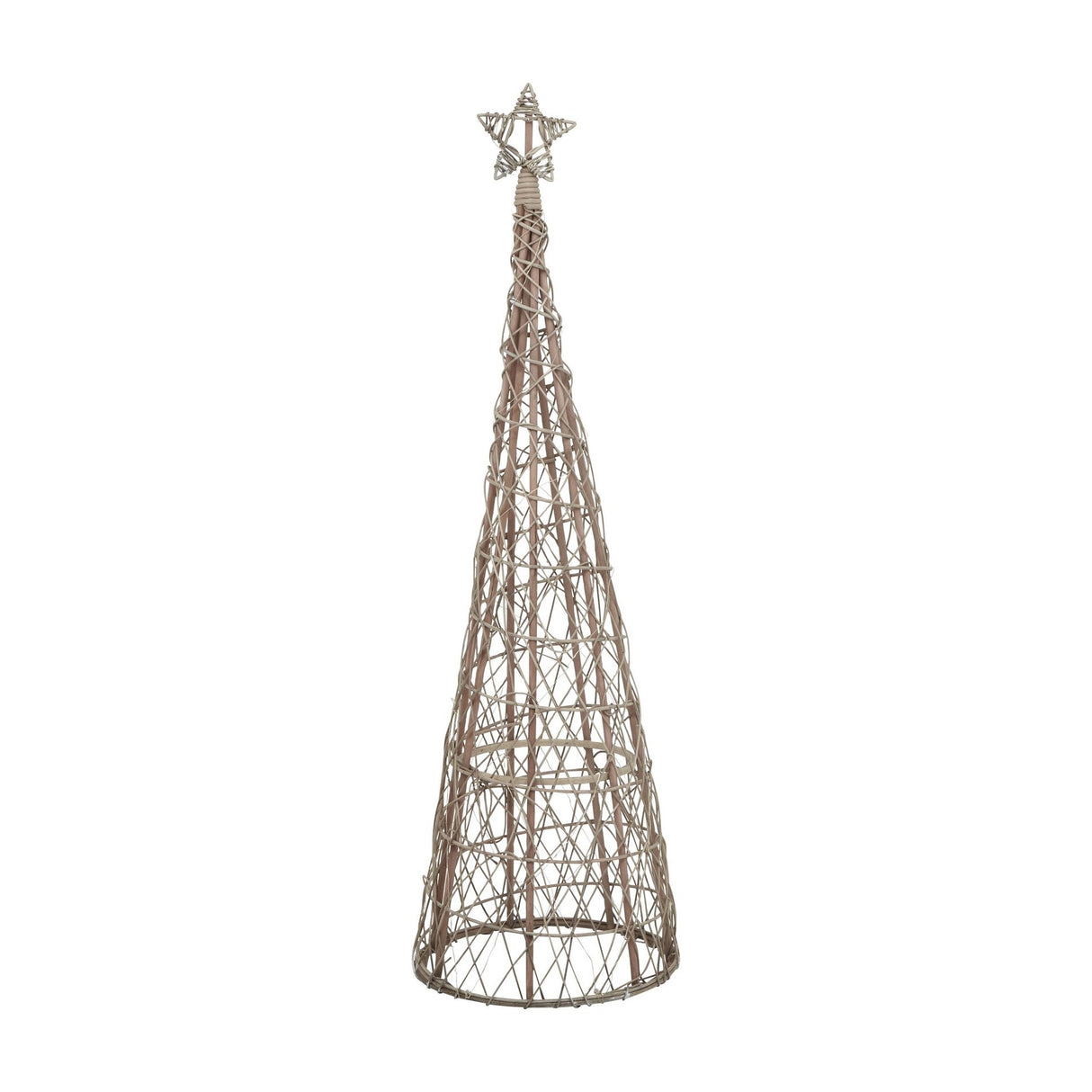Hill Interiors Large LED Wicker Christmas Tree in brown, a tall tiered conical woven frame topped with a wicker star, shown on a plain white background.