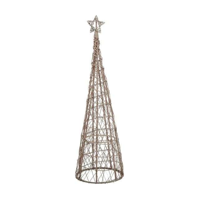 Hill Interiors Large LED Wicker Christmas Tree in brown, a tall tiered conical woven frame topped with a wicker star, shown on a plain white background.