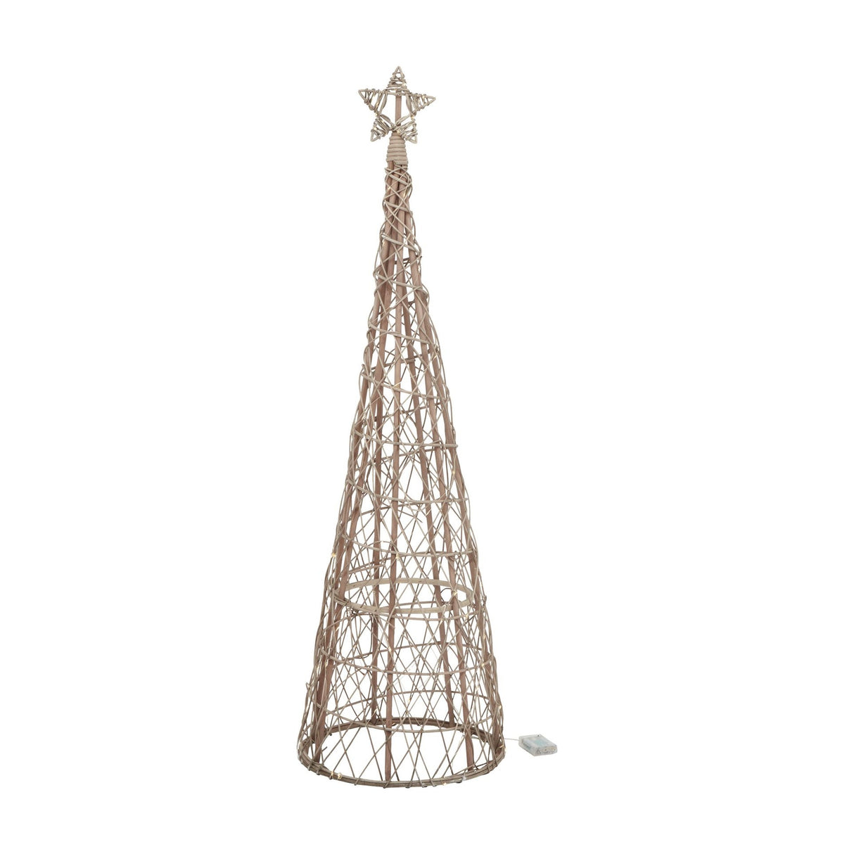 Hill Interiors Large LED Wicker Christmas Tree in brown, tapered conical form with woven tiers and a wicker star topper, shown on a plain white background.