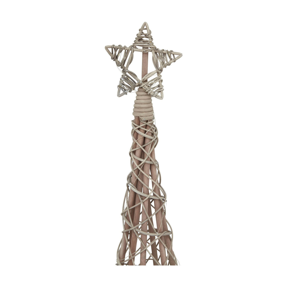 Close-up of the Hill Interiors Large LED Wicker Christmas Tree in brown, showing the woven star topper and tapered spiral frame on white.