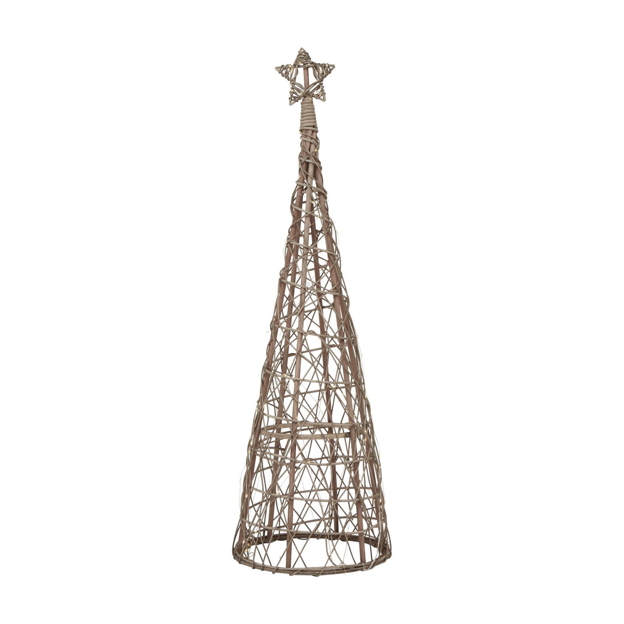 Hill Interiors LED wicker Christmas tree 115cm in brown, woven conical form with star topper and integrated fairy lights, shown on a white background.