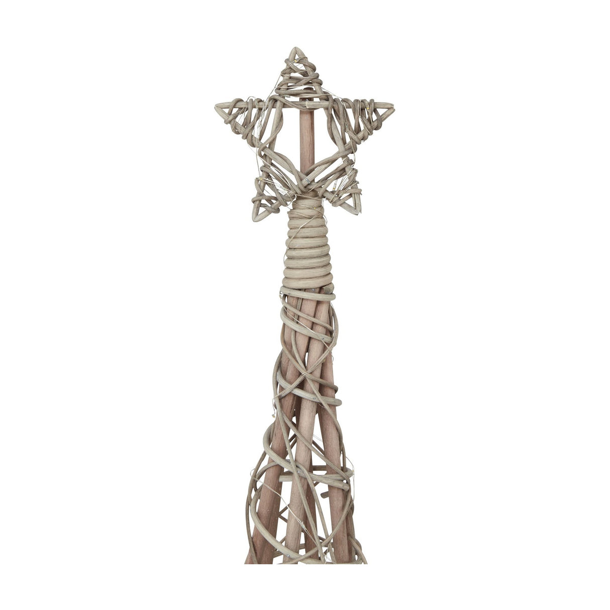 Close-up of Hill Interiors LED Wicker Christmas Tree top, showing the woven brown wicker star and spiralled rattan detailing against a white background.