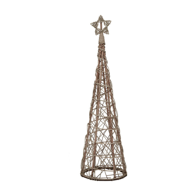 Hill Interiors small LED wicker Christmas tree in brown, tapered cone shape with woven strands and a star topper, shown on a plain white background.