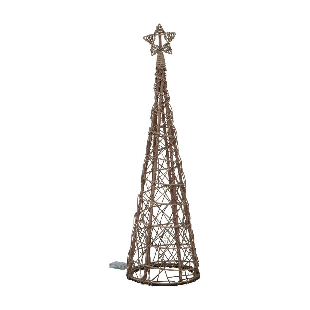 Hill Interiors small LED wicker Christmas tree in brown, tapered cone shape with woven star topper and battery pack, shown on a white background.
