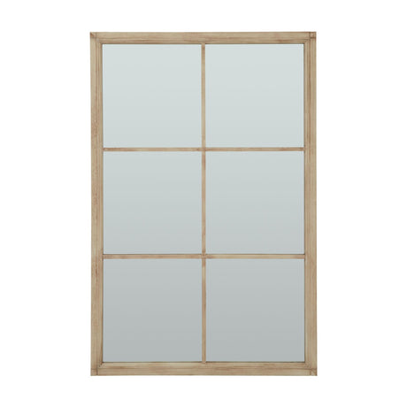 Hill Interiors Washed Wood XL Window Mirror in brown, a tall rectangular wall mirror with a six-pane wooden grid frame, shown on a white background.