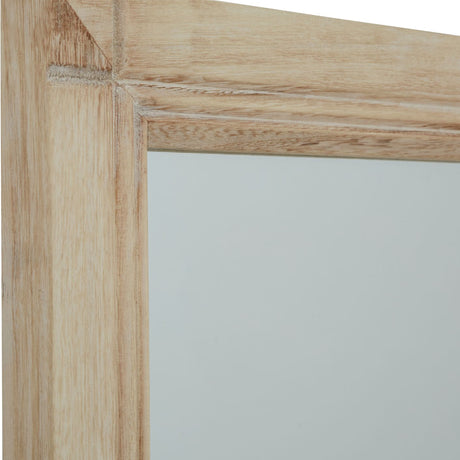 Close-up of the Hill Interiors Washed Wood XL Window Mirror in brown, showing the corner joinery, visible grain and washed finish of the wide wooden frame.