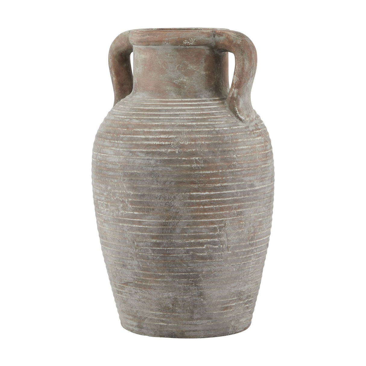 Hill Interiors Large Ceramic Amphora Vase in brown with ribbed matte finish, twin handles and tapered base, shown on a plain white background.