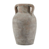 Hill Interiors Large Ceramic Amphora Vase in brown with ribbed matte finish, twin handles and tapered base, shown on a plain white background.