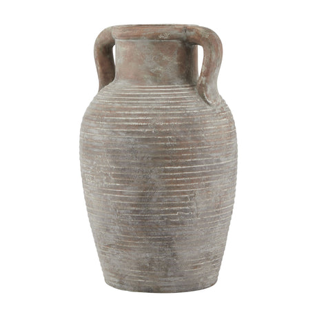 Hill Interiors Large Ceramic Amphora Vase in brown with ribbed matte finish, twin handles and tapered base, shown on a plain white background.