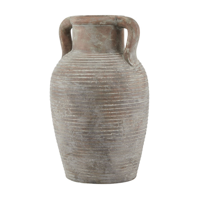 Hill Interiors Large Ceramic Amphora Vase in brown with ribbed matte finish, twin handles and tapered base, shown on a plain white background.