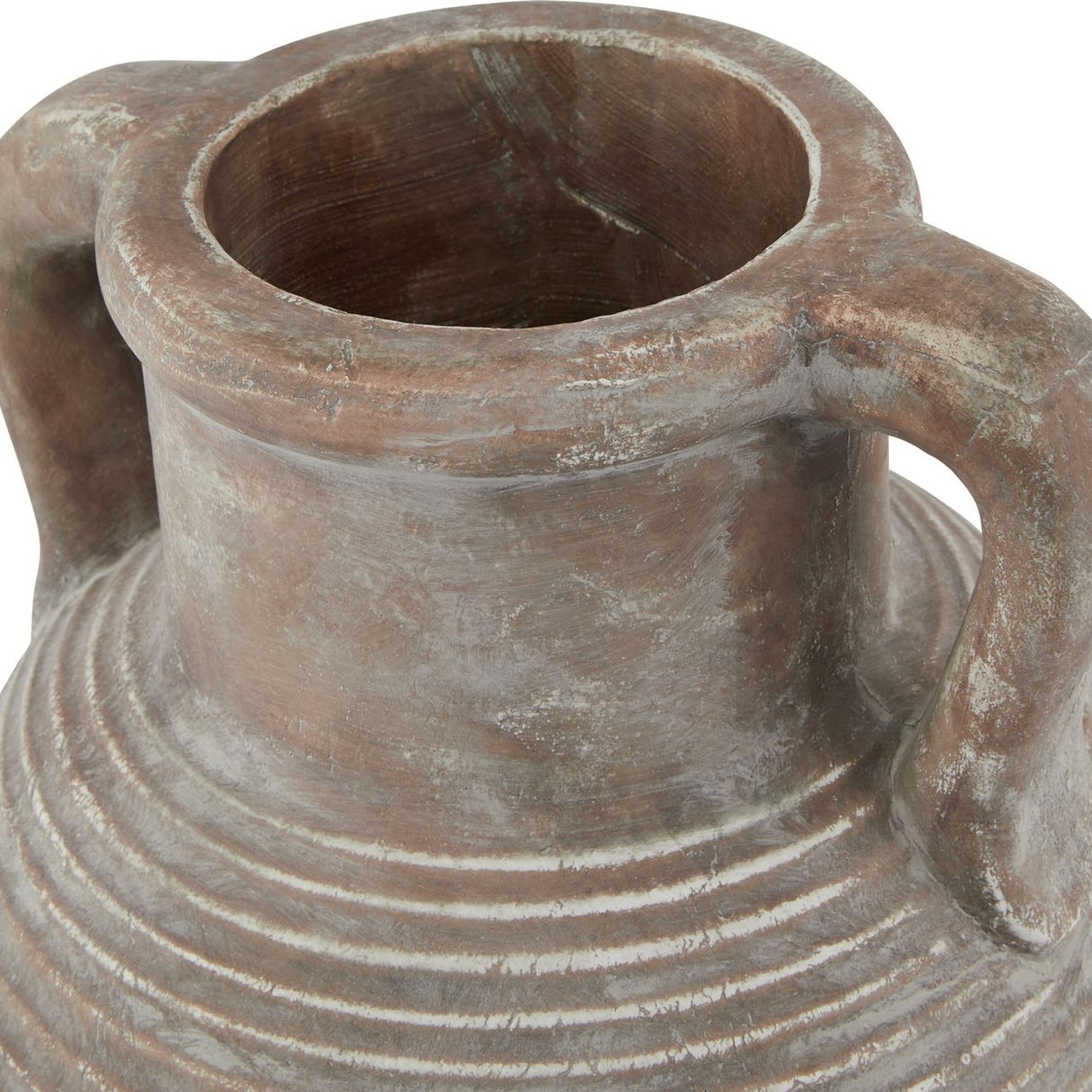 Close-up of the Hill Interiors Large Ceramic Amphora Vase in brown, showing the ridged shoulder, twin handles and wide opening in a matte earthy finish.