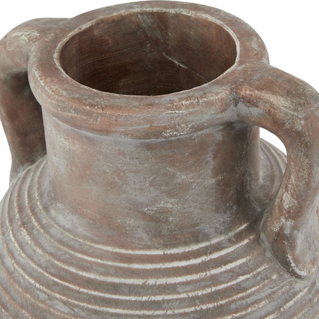 Close-up of the Hill Interiors Large Ceramic Amphora Vase in brown, showing the ridged shoulder, twin handles and wide opening in a matte earthy finish.