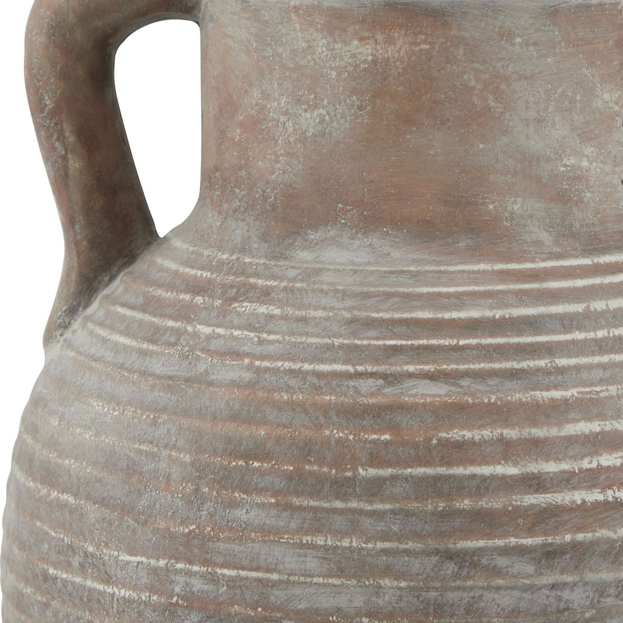 Close-up of the Hill Interiors Large Ceramic Amphora Vase in brown, showing the ribbed shoulder, handle and matte earthy finish.