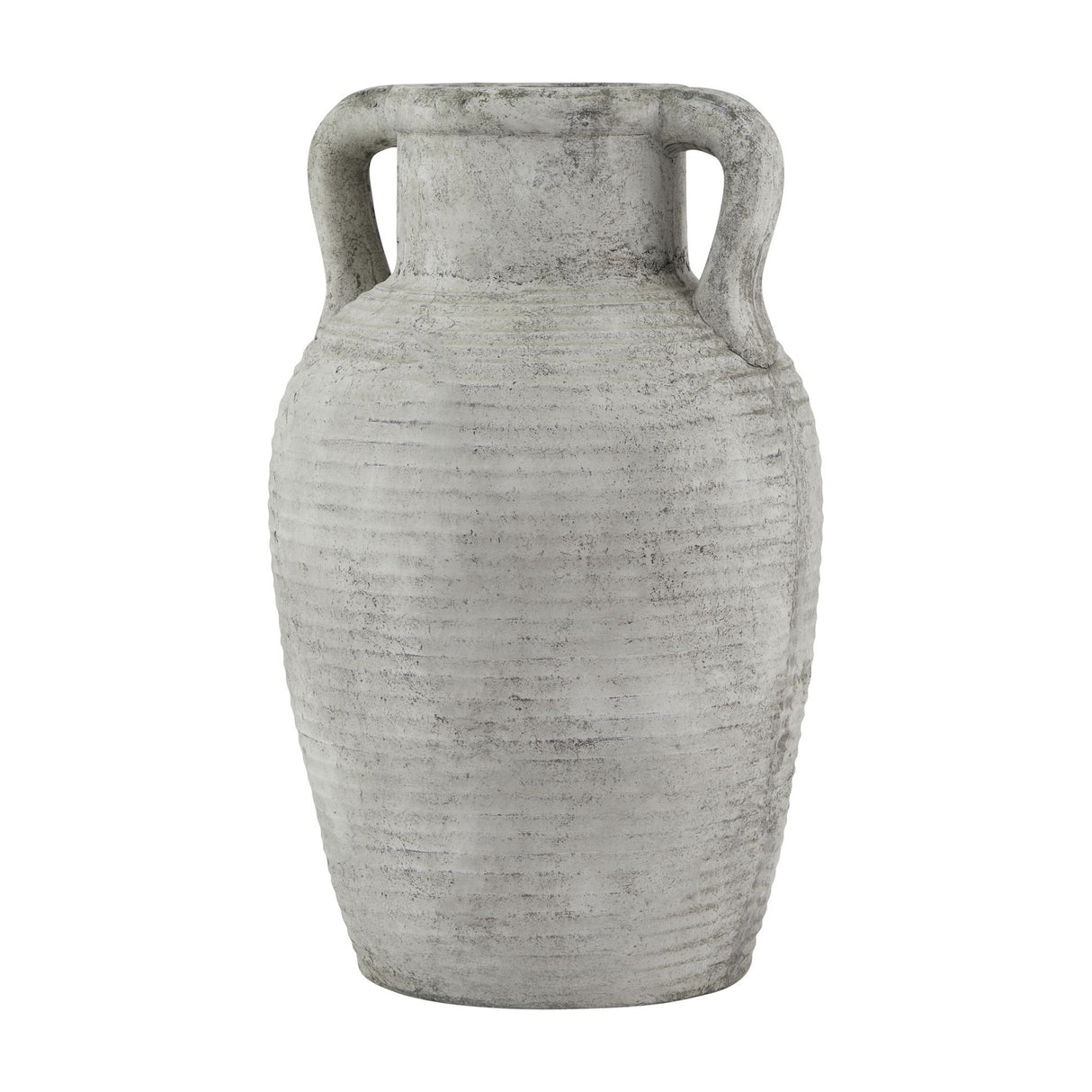 Hill Interiors Stone Large Amphora Vase in beige ceramic with ribbed texture, tapered body and twin handles at the narrow neck, on a white background.