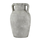 Hill Interiors Stone Large Amphora Vase in beige ceramic with ribbed texture, tapered body and twin handles at the narrow neck, on a white background.