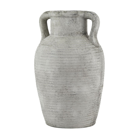 Hill Interiors Stone Large Amphora Vase in beige ceramic with ribbed texture, tapered body and twin handles at the narrow neck, on a white background.