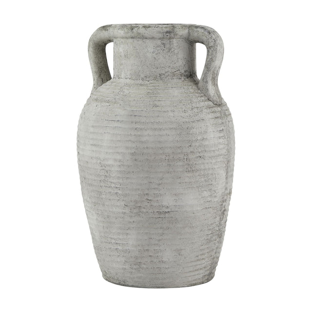 Hill Interiors Stone Large Amphora Vase in beige ceramic with ribbed texture, tapered body and twin handles at the narrow neck, on a white background.