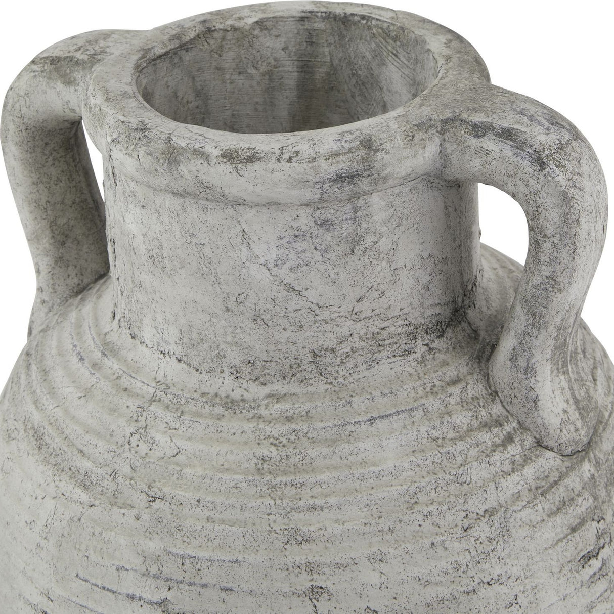 Close-up of Hill Interiors Stone Large Amphora Vase in beige, showing the ridged ceramic neck, curved twin handles and weathered stone-effect finish.