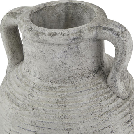 Close-up of Hill Interiors Stone Large Amphora Vase in beige, showing the ridged ceramic neck, curved twin handles and weathered stone-effect finish.