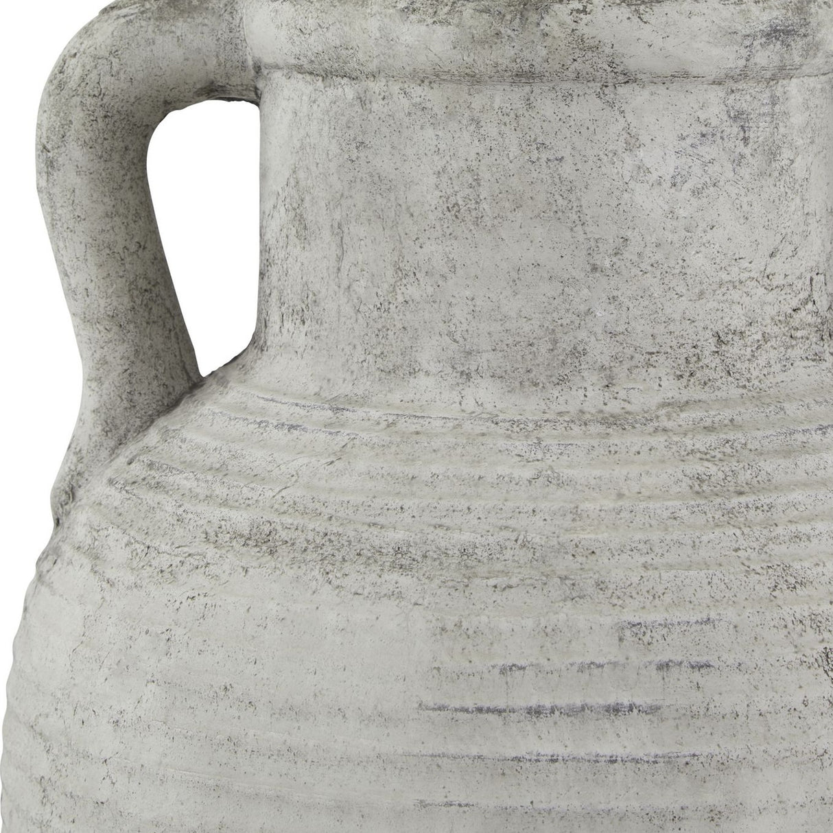 Close-up of the Hill Interiors Stone Large Amphora Vase in beige, showing the ridged ceramic body, tapered neck, and curved handle in a stone-effect finish.