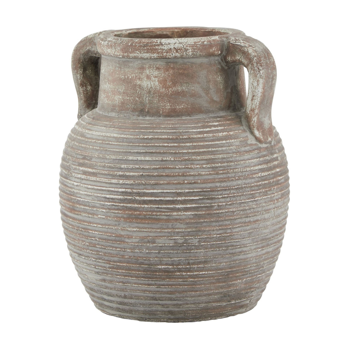 Hill Interiors Brown Ceramic Amphora Vase with ribbed rounded body, twin handles and weathered earthy finish, shown on a plain white background.