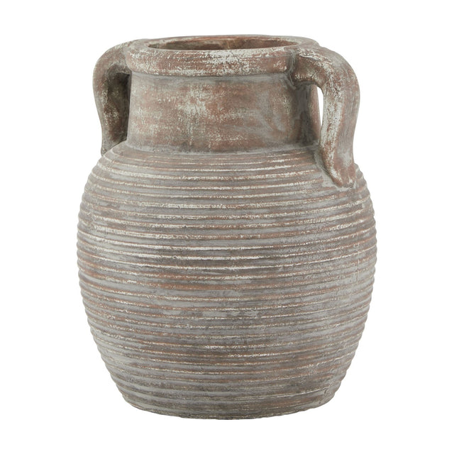 Hill Interiors Brown Ceramic Amphora Vase with ribbed rounded body, twin handles and weathered earthy finish, shown on a plain white background.