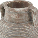 Close-up of Hill Interiors Brown Ceramic Amphora Vase showing the ridged neck, weathered earthy brown finish, and twin looped handles at the rim.