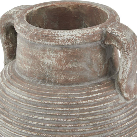 Close-up of Hill Interiors Brown Ceramic Amphora Vase showing the ridged neck, weathered earthy brown finish, and twin looped handles at the rim.