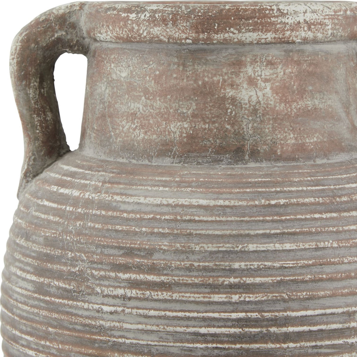 Close-up of Hill Interiors Brown Ceramic Amphora Vase showing the ribbed lower body, tapered neck and angular handle in a weathered earthy brown finish.