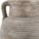 Close-up of Hill Interiors Brown Ceramic Amphora Vase showing the ribbed lower body, tapered neck and angular handle in a weathered earthy brown finish.