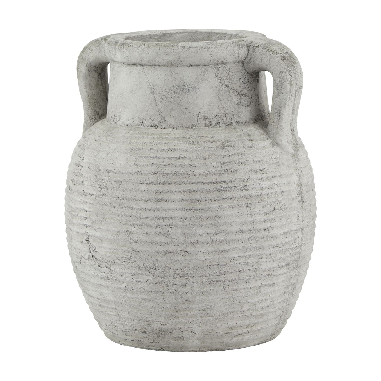 Hill Interiors Stone Amphora ceramic vase in beige with a ribbed rounded body, narrow neck and two side handles, shown on a plain background.
