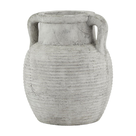 Hill Interiors Stone Amphora ceramic vase in beige with a ribbed rounded body, narrow neck and two side handles, shown on a plain background.