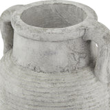 Close-up of Hill Interiors Stone Amphora ceramic vase in beige, showing the ridged textured body, narrow neck, rounded rim, and side handle.