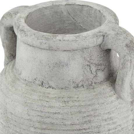 Close-up of Hill Interiors Stone Amphora ceramic vase in beige, showing the ridged textured body, narrow neck, rounded rim, and side handle.