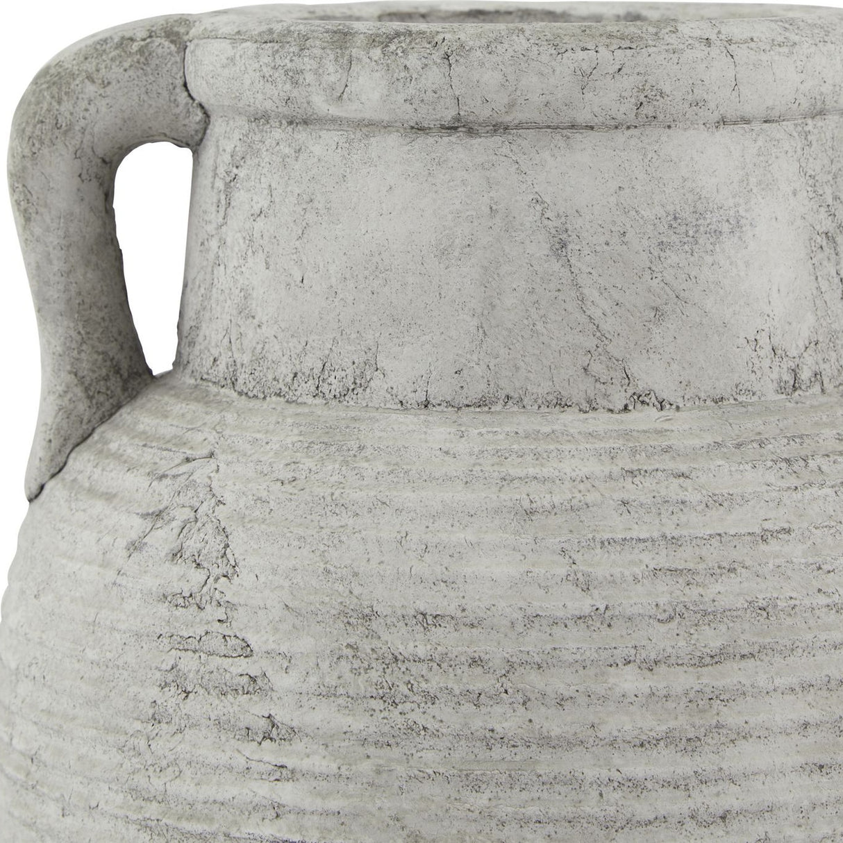 Close-up of the Hill Interiors Stone Amphora ceramic vase showing the handle, ridged neck and textured matte beige stone-like finish.