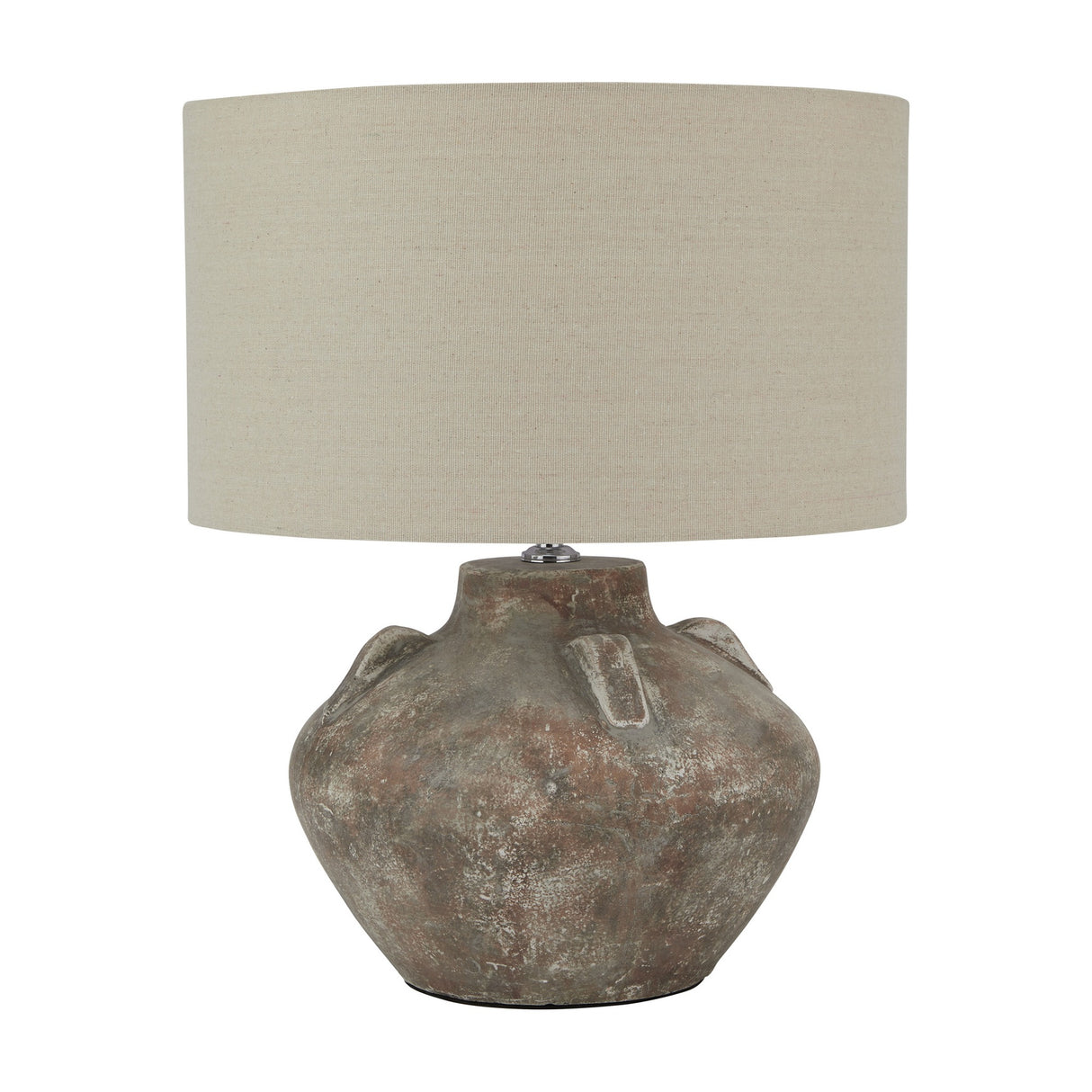 Hill Interiors Lumbriden Lekanis table lamp with a rounded brown glazed ceramic urn base and drum linen shade, shown on a plain white background.