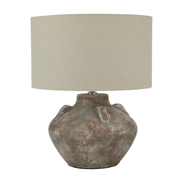 Hill Interiors Lumbriden Lekanis table lamp with a rounded brown glazed ceramic urn base and drum linen shade, shown on a plain white background.