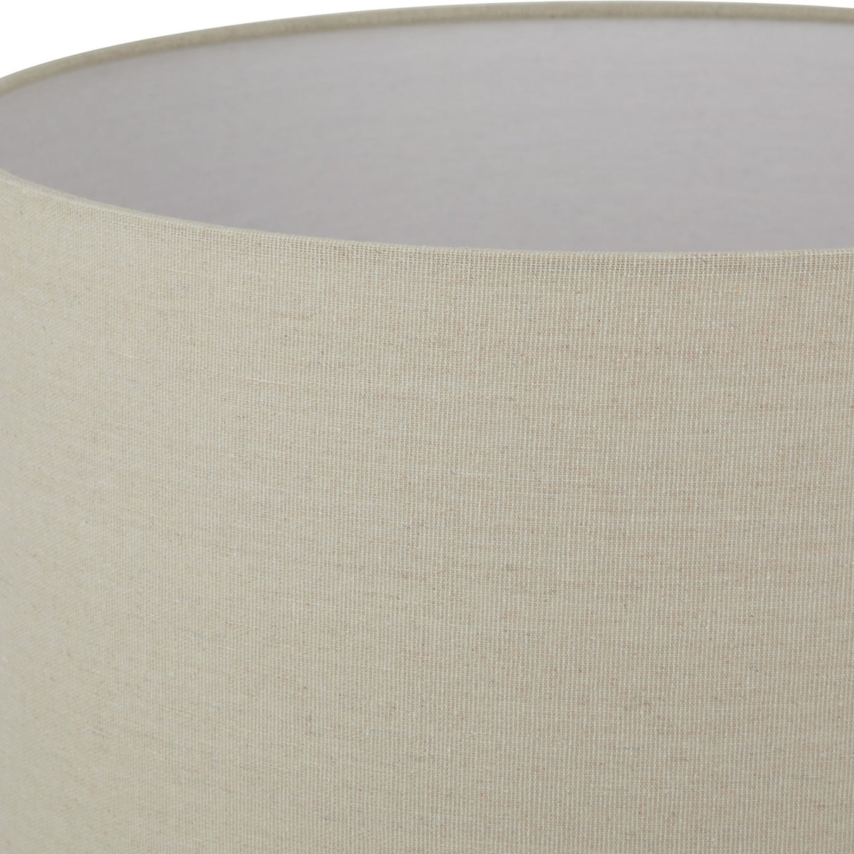 Close-up of the Hill Interiors Lumbriden Lekanis Table Lamp shade in natural linen, showing the woven beige fabric and pale inner lining.