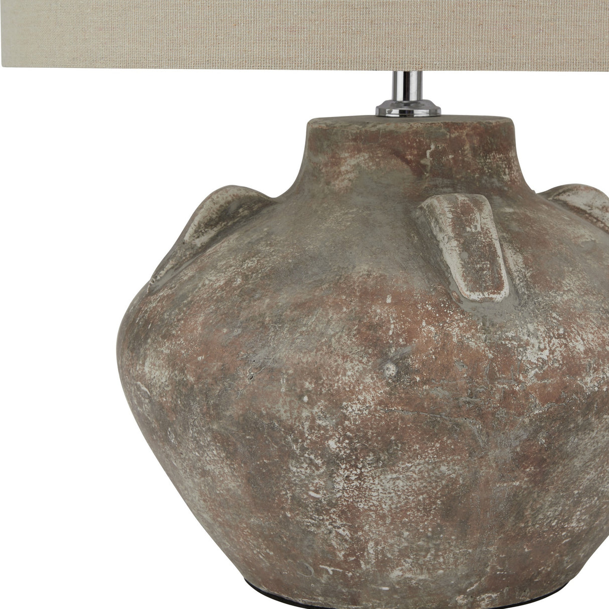 Close-up of the Hill Interiors Lumbriden Lekanis Table Lamp showing its rounded brown glazed ceramic urn body with small handle detail and linen shade base.