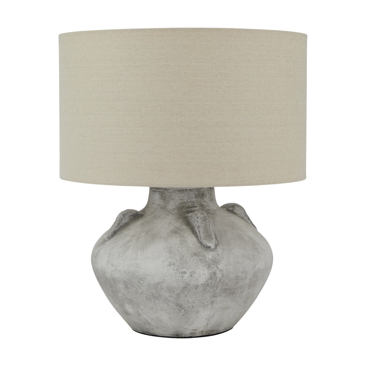 Elvessa stone lekanis ceramic table lamp by Hill Interiors with rounded beige base and neutral linen drum shade on a plain background.