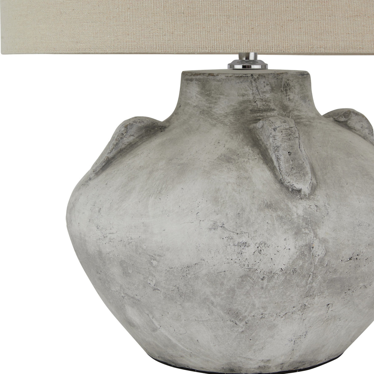 Hill Interiors Elvessa Stone Lekanis table lamp with beige ceramic rounded base, small handle detail, and linen drum shade.