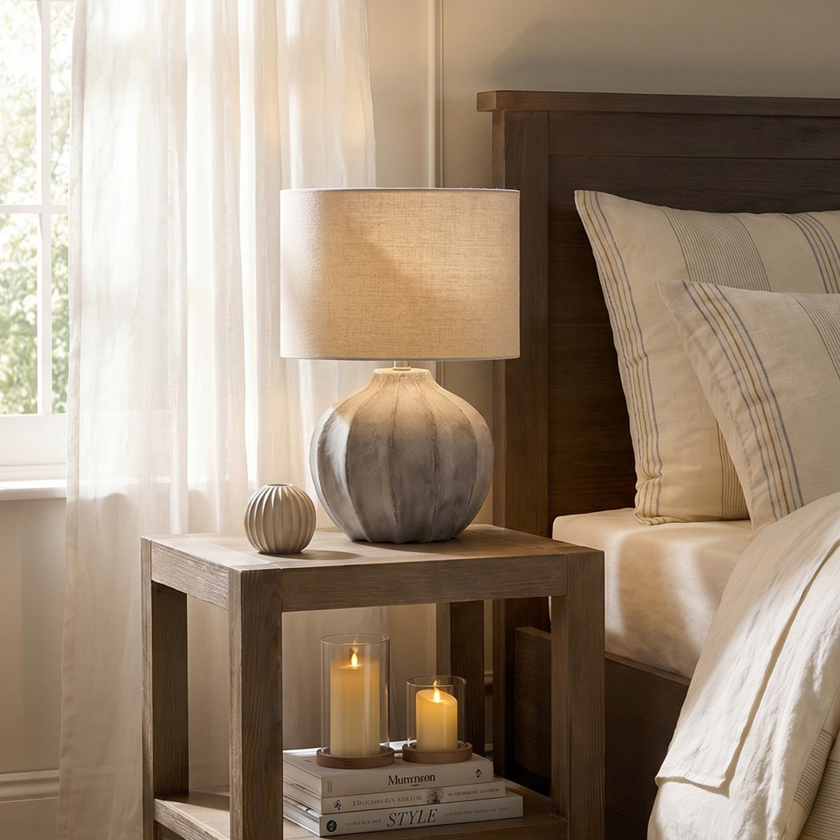 Hill Interiors Merenza fluted ceramic table lamp in antique white with linen drum shade, styled on a wooden bedside table beside a bed and window.