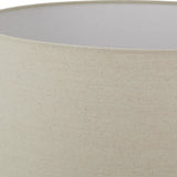 Close-up of the Hill Interiors Merenza ceramic table lamp shade in a woven cream linen-look fabric with a white inner lining.