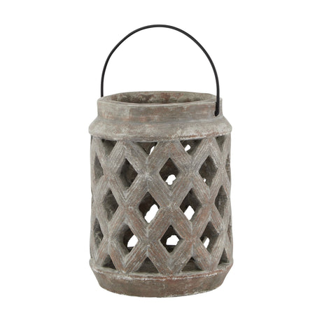 Hill Interiors large lattice ceramic lantern in brown with cut-out diamond pattern and black metal handle, shown on a plain white background.
