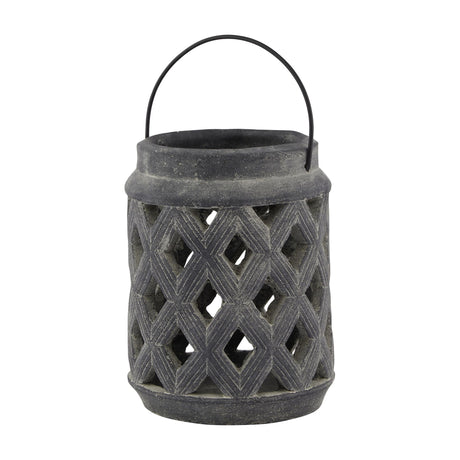 Hill Interiors Large Lattice Lantern in grey ceramic with openwork diamond cut-outs and a black metal carry handle, shown on a plain white background.