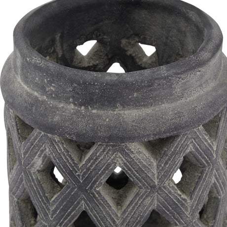 Close-up of the Hill Interiors Large Lattice Lantern in grey, showing the ceramic rim and openwork geometric lattice body with matt textured finish.