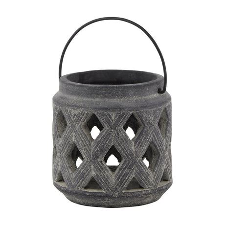 Hill Interiors Grey Lattice Ceramic Lantern with pierced diamond cut-out pattern, matte grey finish and black metal carry handle, on a white background.